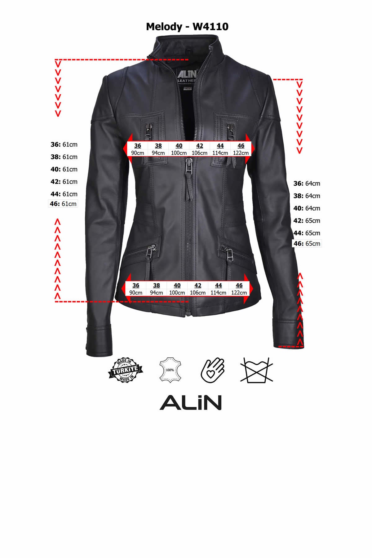 Alin Deri - Melody Fit Kesim Hakiki Deri Ceket Kadın Beden Grafiği