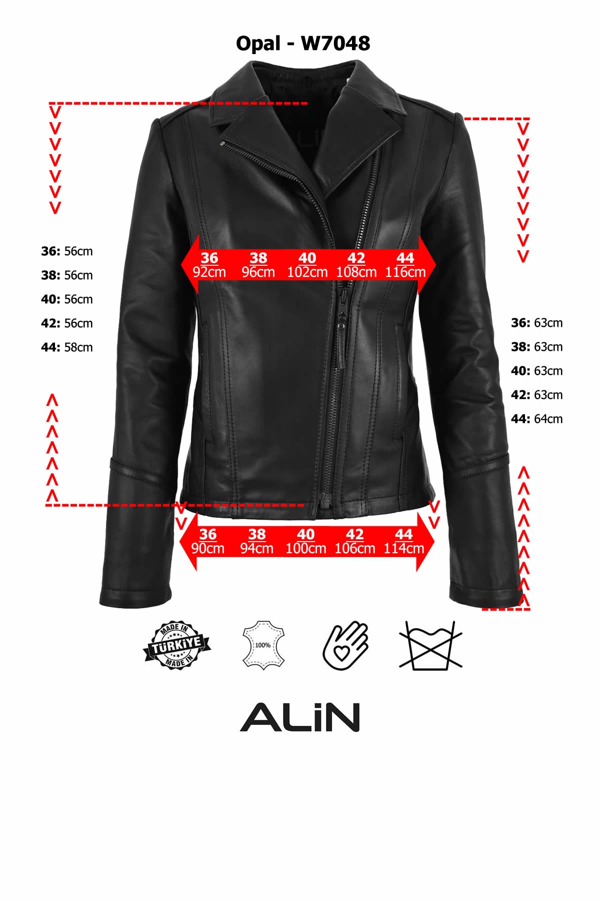 Alin Deri - Opal Siyah Hakiki Deri Ceket Kadın Beden Grafiği
