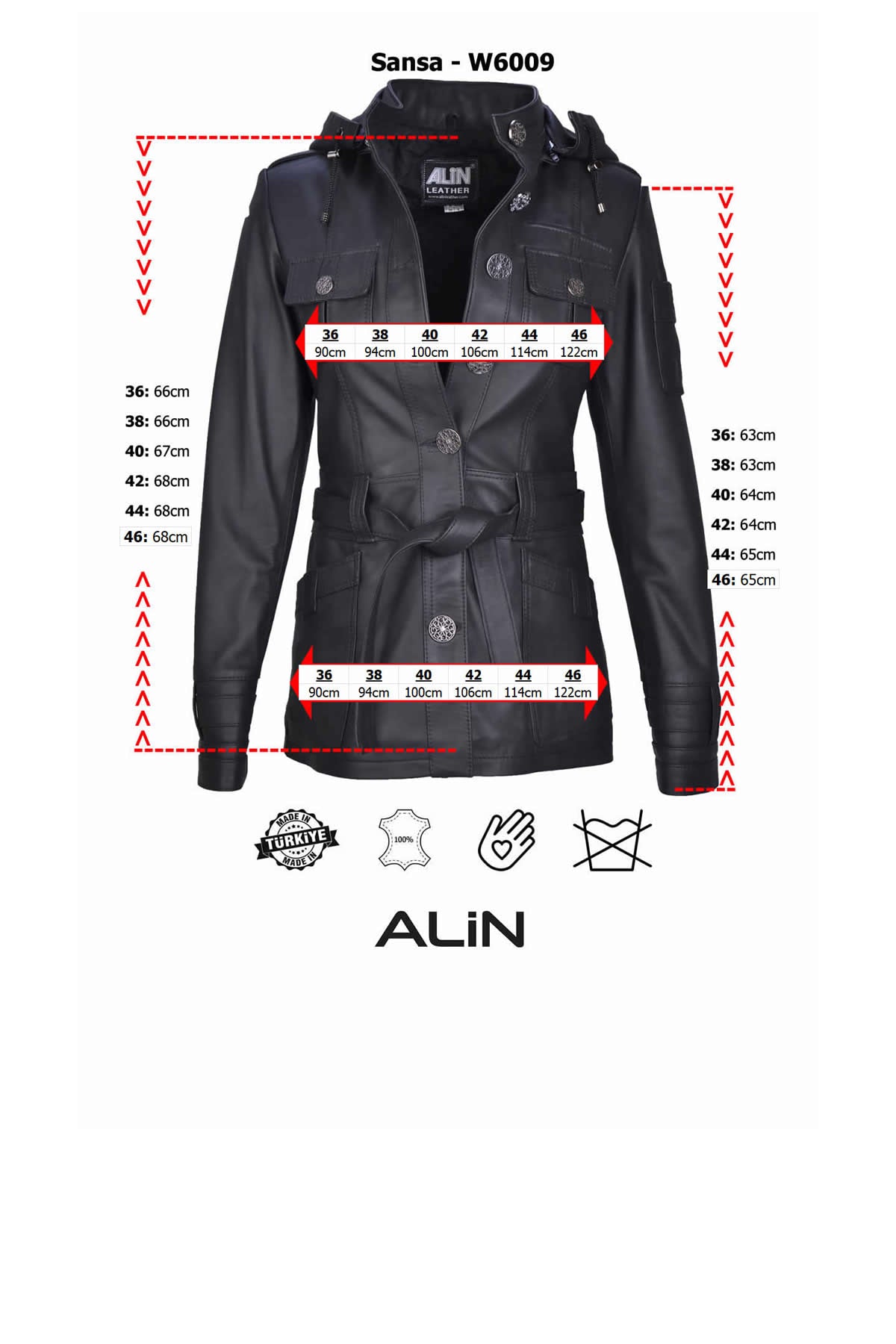 Alin Deri - Sansa Kapüşonlu Hakiki Deri Ceket Kadın beden Grafiği
