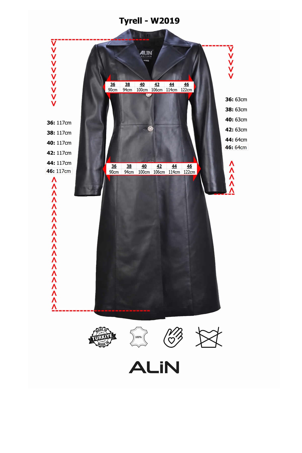 Alin Deri - Tyrell Siyah Uzun Hakiki Deri Pardesü Kadın Beden Grafigi