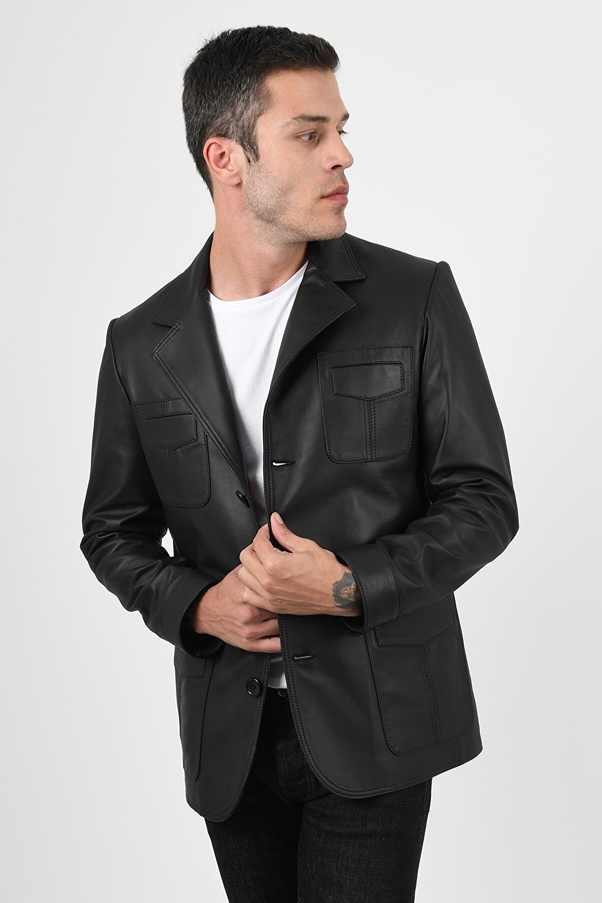 Alin Deri - Martell Siyah Fit Blazer Hakiki Deri Ceket Erkek