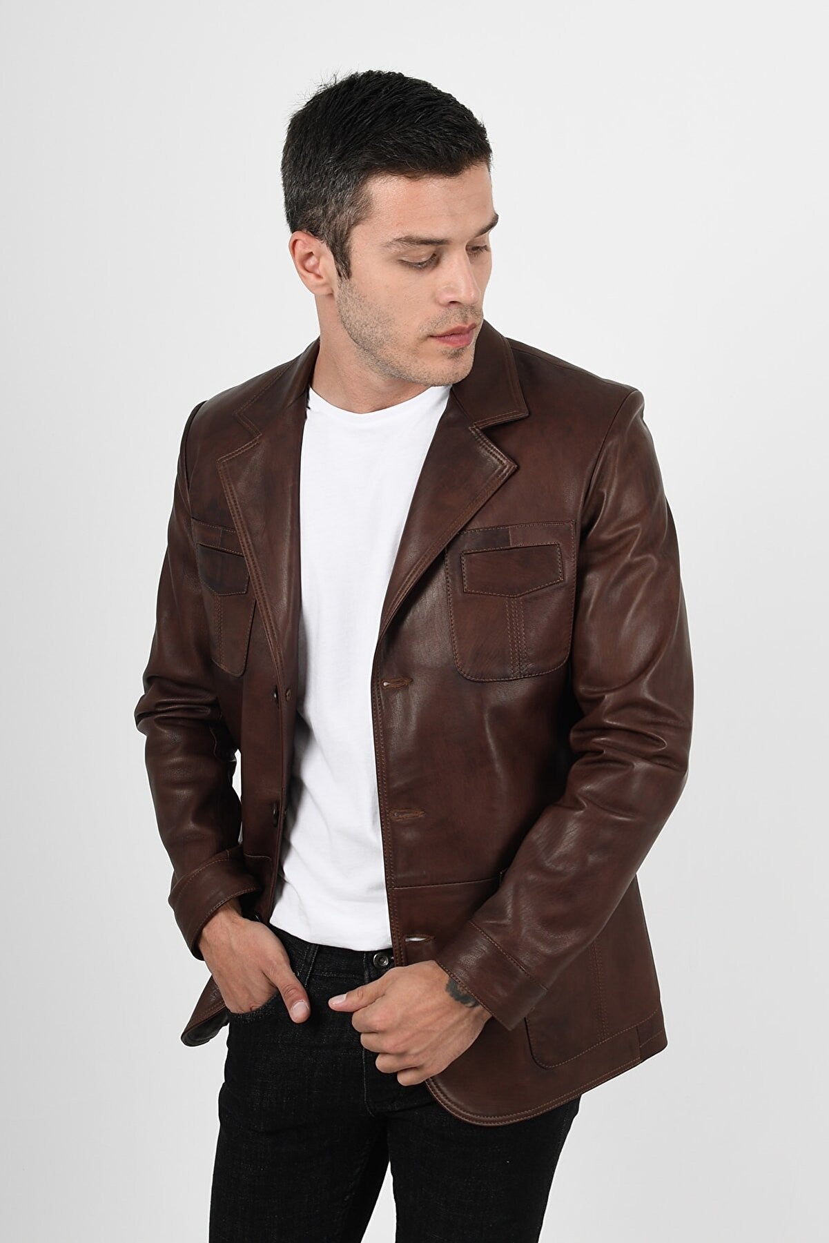 Alin Deri - Martell Wax Kahve Fit Blazer Hakiki Deri Ceket Erkek