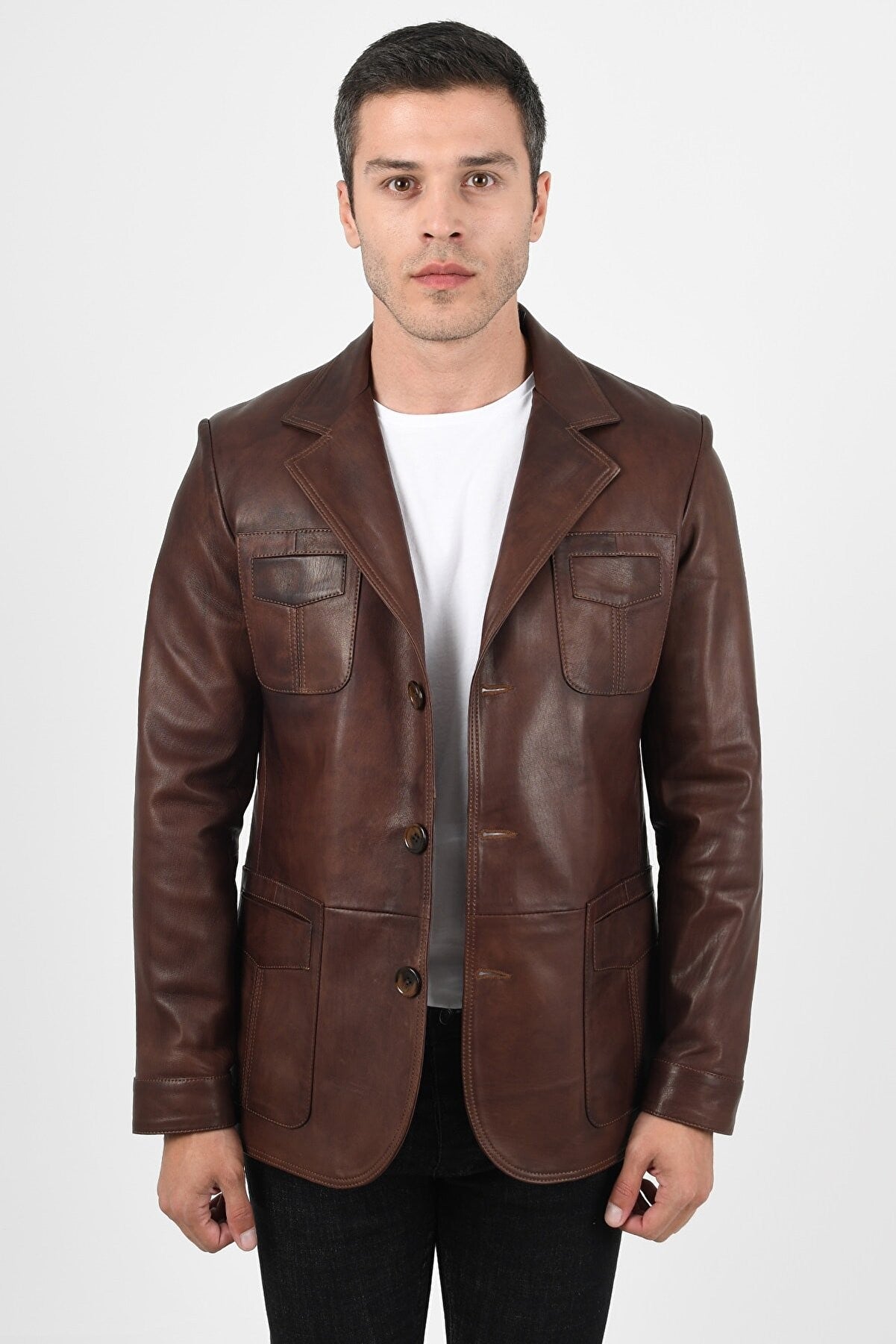 Alin Deri - Martell Wax Kahve Fit Blazer Hakiki Deri Ceket Erkek