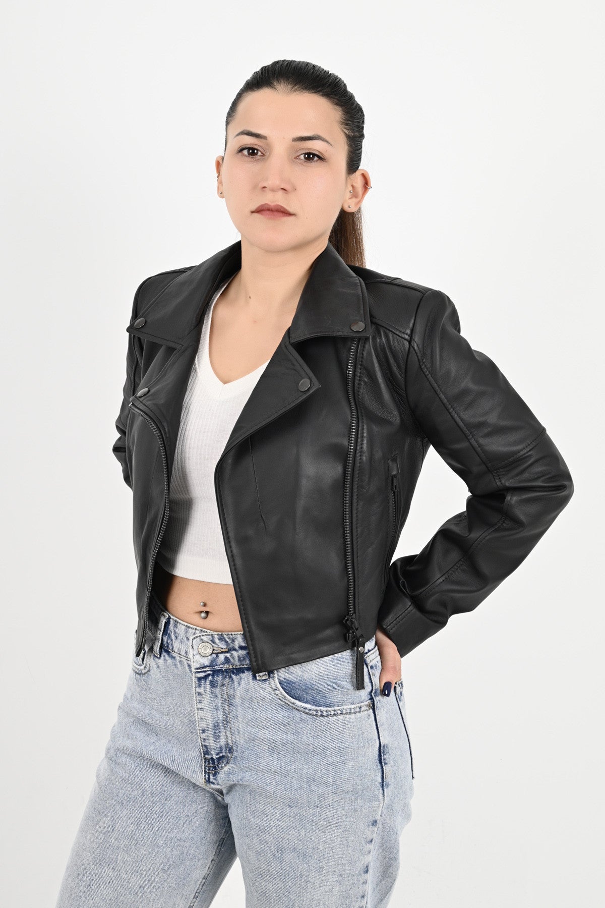 ALiN Topaz Kadın Hakiki Deri Kısa Crop Deri Ceket Siyah