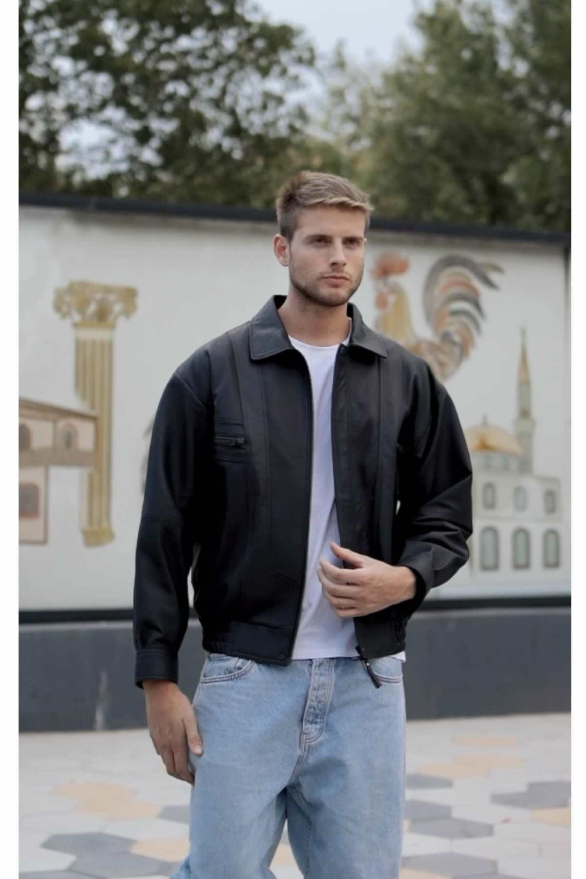 Oversize Deri Ceket Erkek, Siyah Hakiki Deri