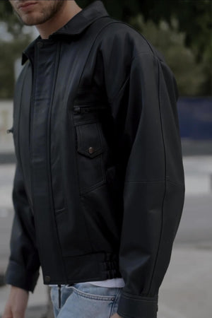 Alin Deri - Beirut Oversize Siyah Vintage Hakiki Deri Mont Erkek