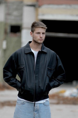 Alin Deri - Beirut Oversize Siyah Vintage Hakiki Deri Mont Erkek