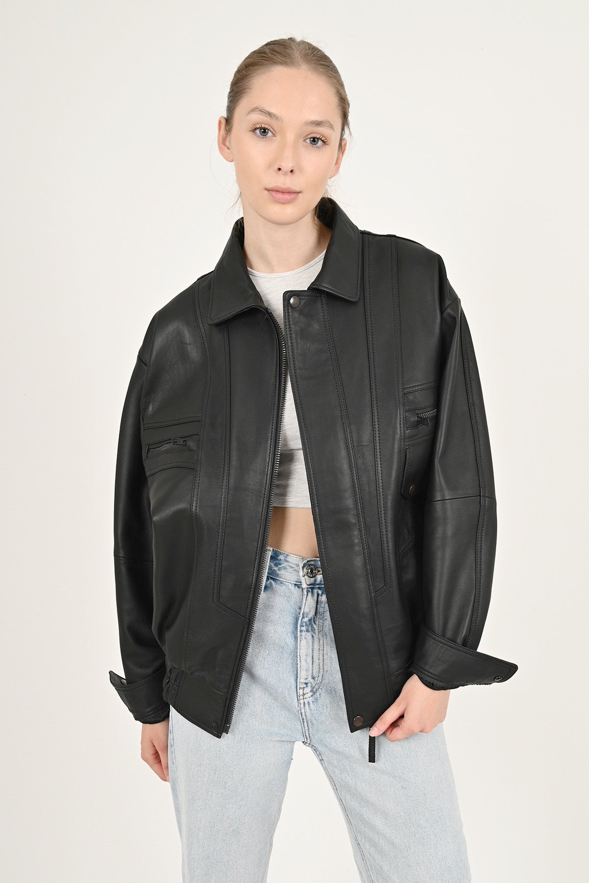 Alin Deri - Beirut Oversize Siyah Vintage Hakiki Deri Mont Kadın