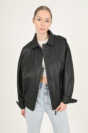 Alin Deri - Beirut Oversize Siyah Vintage Hakiki Deri Mont Kadın