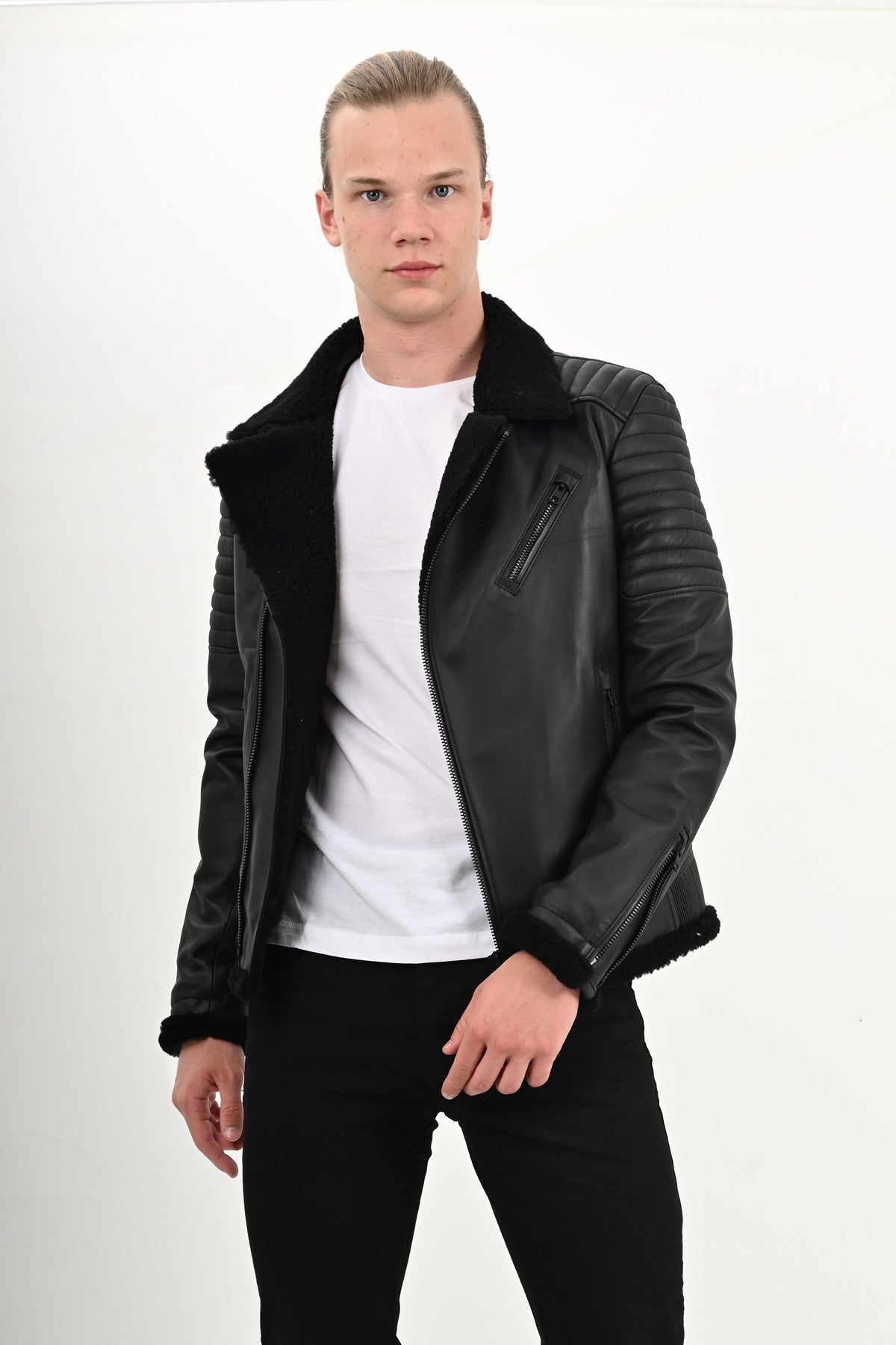 Alin Deri - James Dean Kürklü Siyah Biker Hakiki Deri Ceket Erkek