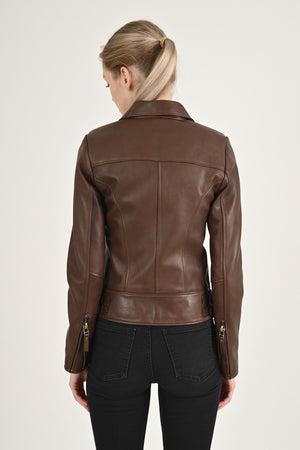 Alin Deri - Liberty Wax Kahve Biker Hakiki Deri Mont Kadın