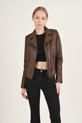 Alin Deri - Liberty Wax Kahve Biker Hakiki Deri Mont Kadın
