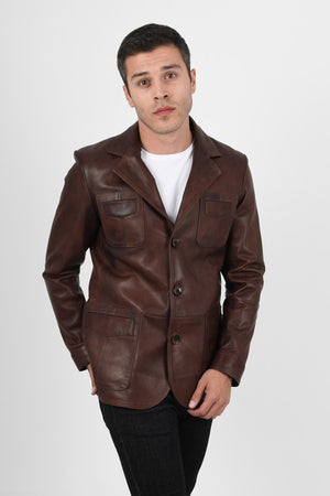 Alin Deri - Martell Wax Kahve Fit Blazer Hakiki Deri Ceket Erkek