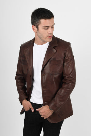 Alin Deri - Martell Wax Kahve Fit Blazer Hakiki Deri Ceket Erkek