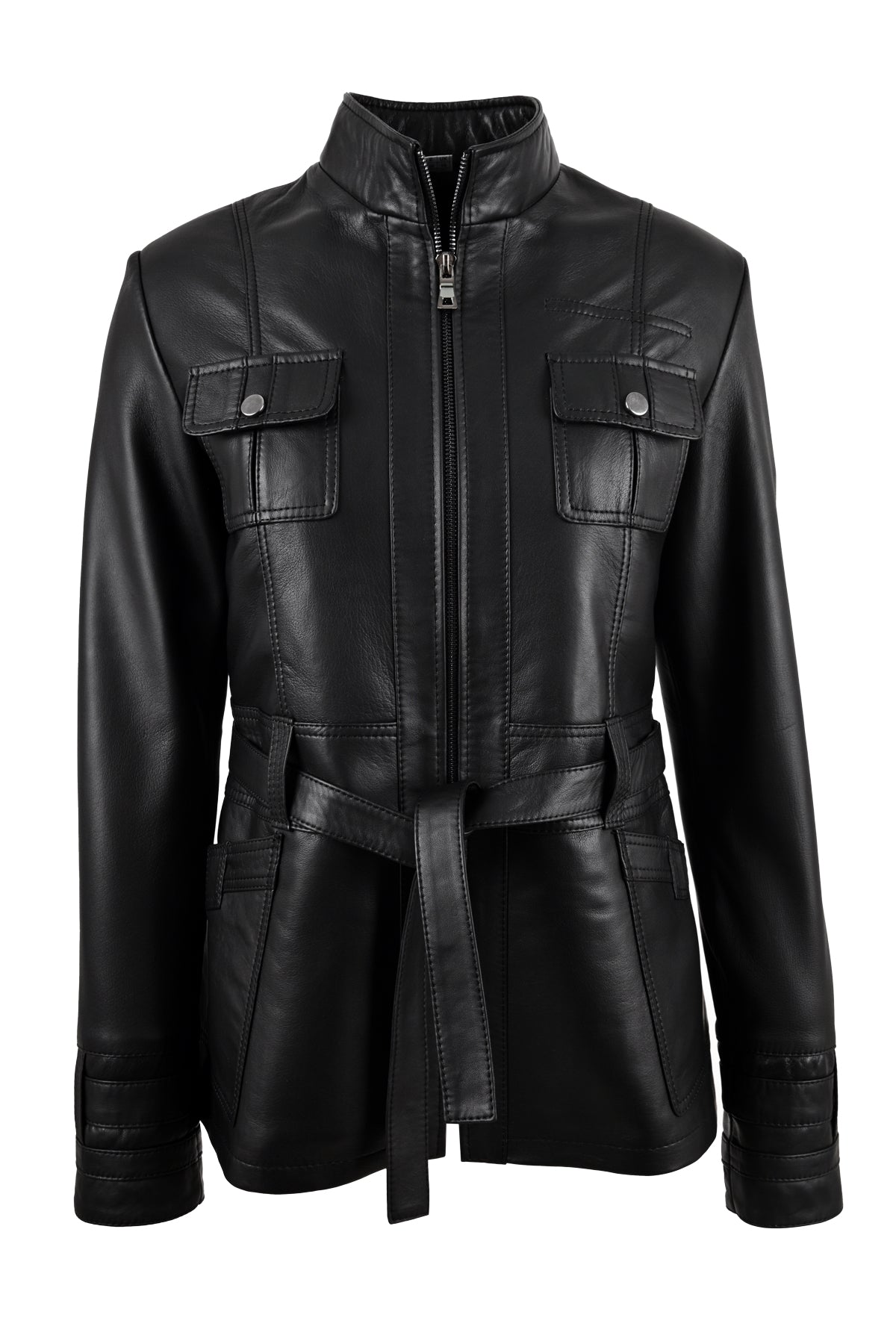 Alin Deri - Yara Kemerli Siyah Hakiki Deri Ceket Kadın